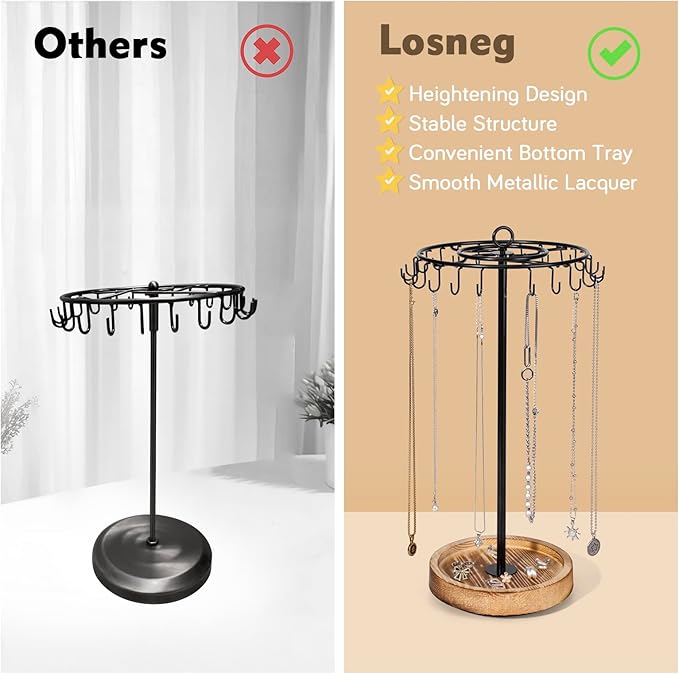 Rotating Necklace Holder, Necklace Organizer Tree Stand with 24 Hooks, Jewelry Necklace Display Stand, Wooden & Metal, Tall Spinning for Vendors Retail, Valentine's Gift for Women, Vintage Black