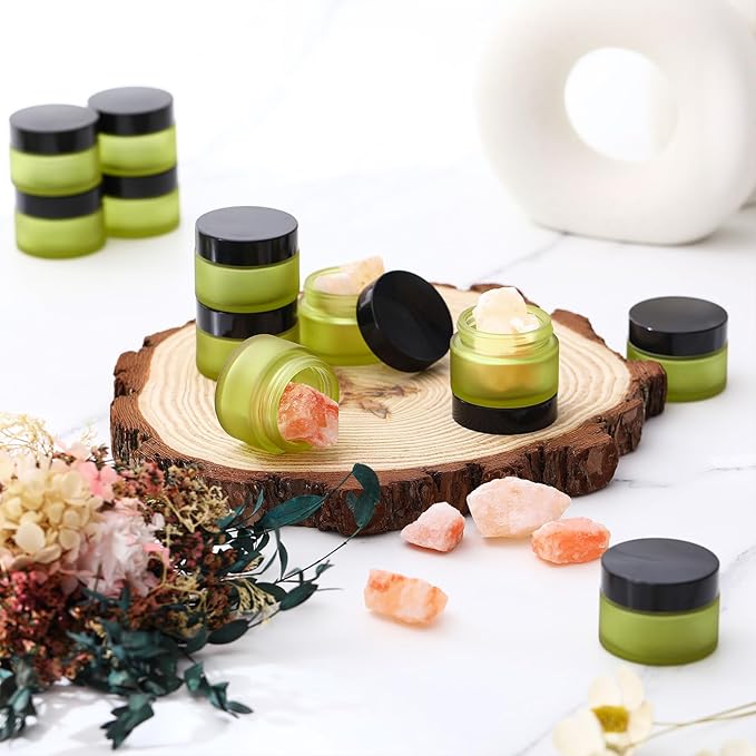 Domensi 100 Pcs 1 oz Glass Jars with Lids Bulk Round Glass Cosmetic Jars for DIY Lip Balm Small Travel Containers with Inner Liner for Lotions Powders Ointments Sample Cream(Bean Green,Black)