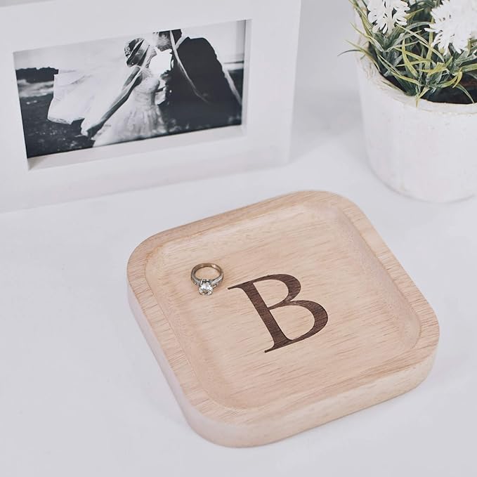 I'm Wooden Personalized Letter Catchall Valet Tray Trinket Dish Jewelry Tray Key Bowl Decorative Plate Organizing Ring Earrings Necklaces Bracelet Watch Coins Wallet Holder (6"x6" Sq Natural B)