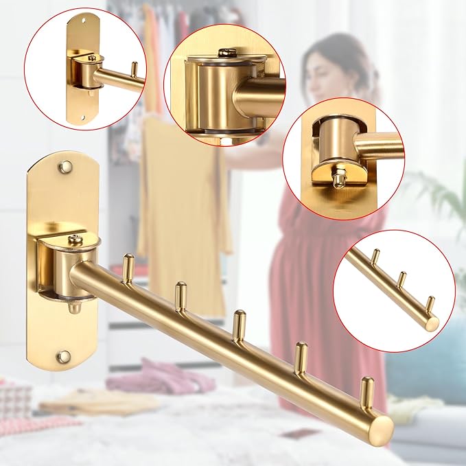 Sumnacon Clothes Rack, 2 Pcs Stainless Steel Clothes Hanger, Wall Mounted Clothes Hanging Organizer, Drying Rack with Swing Arm, Space Saving Hangers for Bathroom Laundry Room Closet, Gold