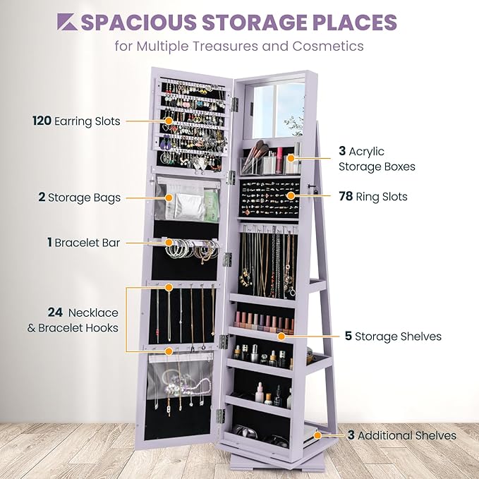CHARMAID 360° Swivel Jewelry Armoire with Full Length Mirror, Standing Lockable Jewelry Cabinet Organizer, Large Storage Capacity, Inside Makeup Mirror, Back Storage Shelves (Lavender)