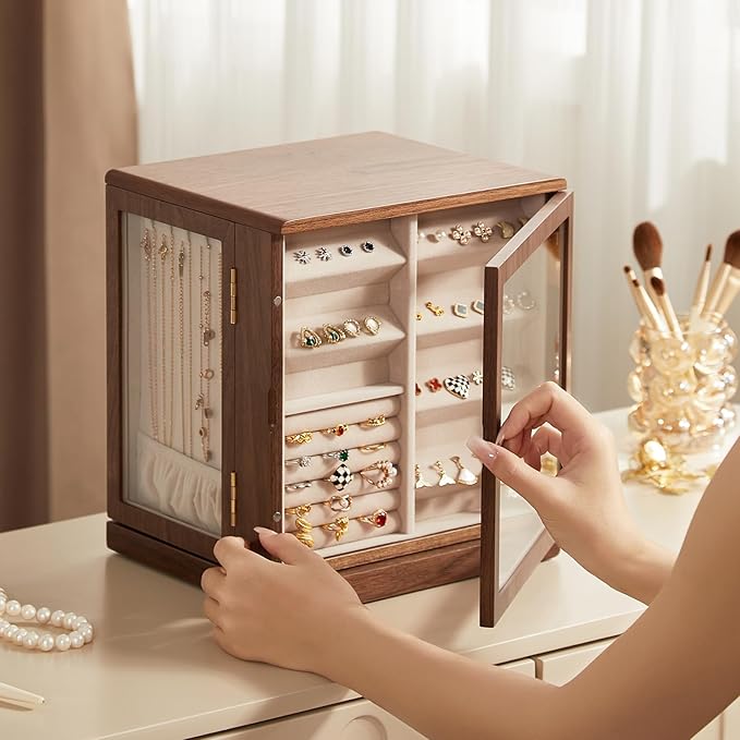 CHOSIN Black Walnut Wooden Jewelry Box, 360° Rotating Organizer with Glass Lid, 5 Drawers for Earrings, Rings, Necklaces – Vertical Jewelry Storage for Women Valentine's Day Gifts