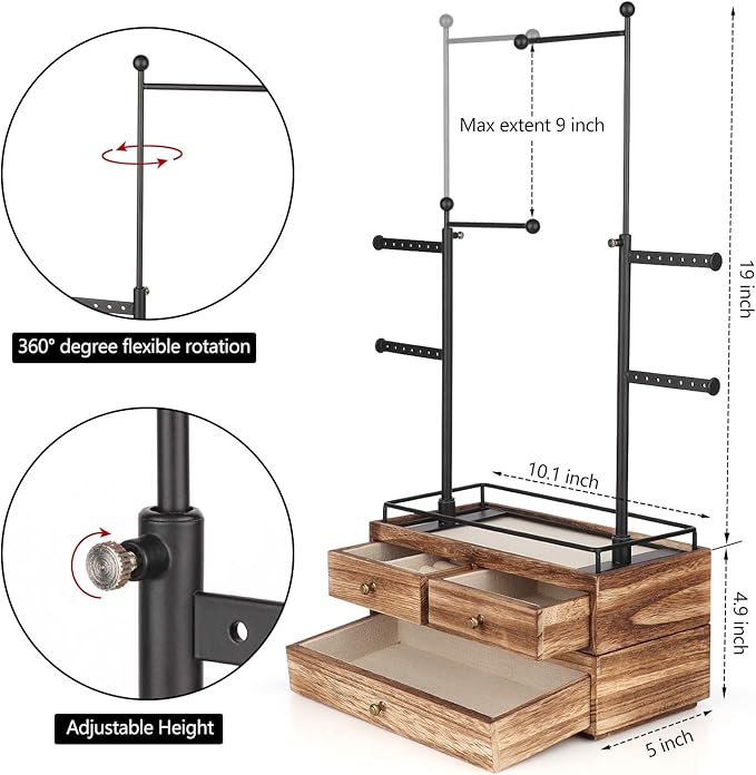 Olakee Jewelry Organizer - 2 Layer Wooden Jewelry Drawer Storage Box with 6 Tier Jewelry Tree Stand, Jewelry Display for Necklaces Bracelet Earring Ring (Carbonized Black)