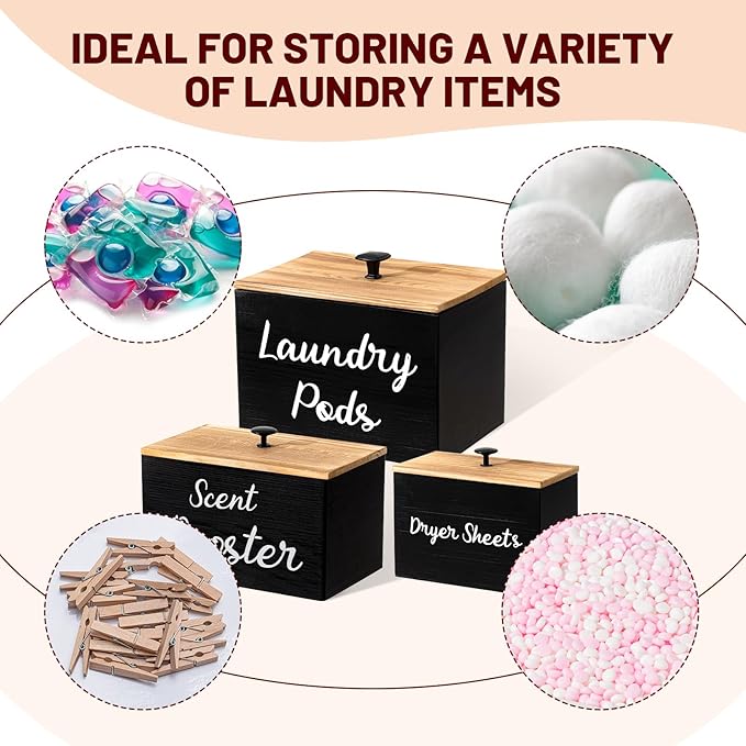 Dandat 3 Pcs Dryer Sheet Holder Laundry Pod Holder Scent Booster Container Set with Scoop Rustic Wood Dryer Sheet Container Laundry Beads Dispenser for Storage(Black)