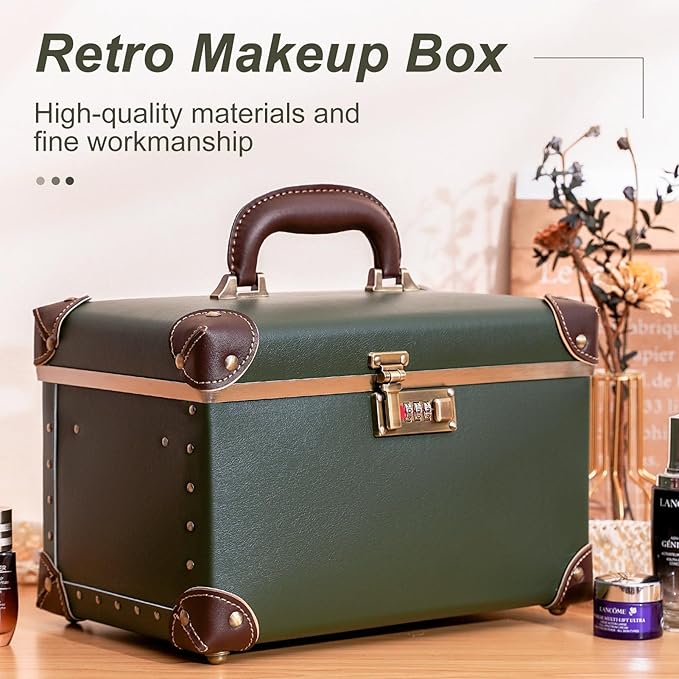 urecity Vintage Makeup Train Case with Metal Combination Lock, Green Artificial Leather, Professional Cosmetic Organizer Storage Box with Striped Interior