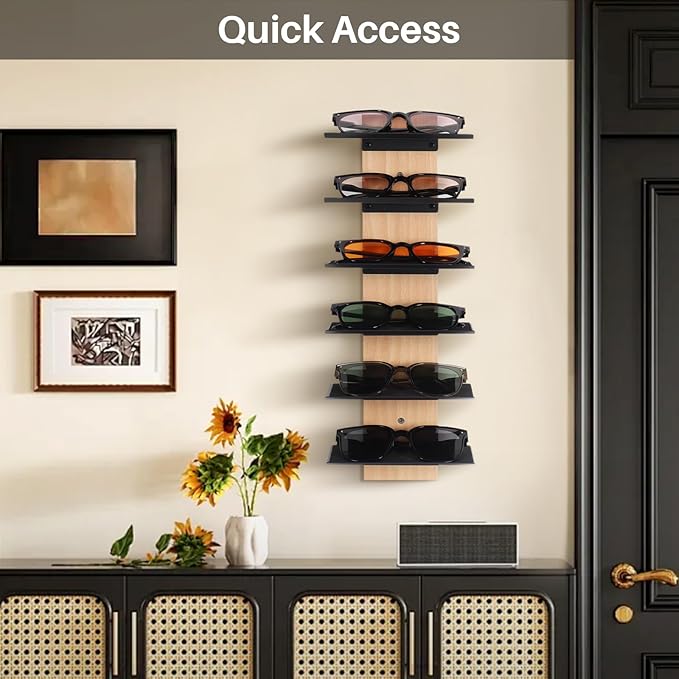 SEKSON Sunglasses Organizer for Wall, Solid Wood Sunglass Holder Display Rack, 6 Tier Eyeglasses Storage Shelf for Entryway, Living Room, Retail Showcase (2 Pack)