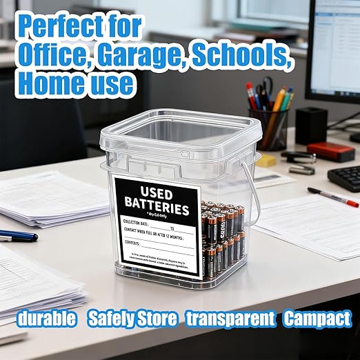Battery Recycling Container with Battery Testers for Household Batteries, QHAND Used Battery Disposal Container with lid for Home Use, Office, Garage, Schools (1.32 Gallon)