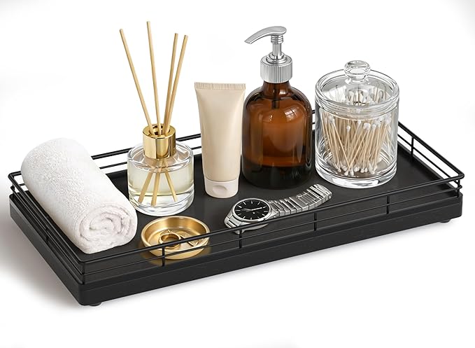 Bathroom Vanity Tray – 12" x 6" Oak Decorative Wooden Tray for Toilet Tank Organizer, Wood Tray for Bathroom Countertop, Soap, Perfume Storage Vanity Dresser Decor for Bathroom Essentials Black