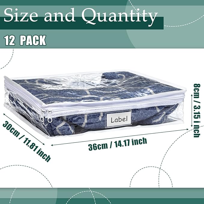 Hoolerry 12 Pcs Clear Zippered Storage Bags Pvc Sweater Sheet Organizer Plastic Sheet Storage Sweater Bags With Zipper And Label Pocket Container For Clothes Closet Linen Pillow (14 x 12 x 3 Inch)