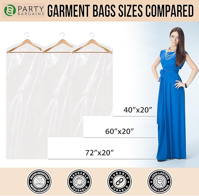 PARTY BARGAINS 60 x 20 Inch Disposable Clear Garment Bags, 100 Pack – Heavy-Duty Plastic Clothes Covers for Suits Dresses Coats, Closet & Travel