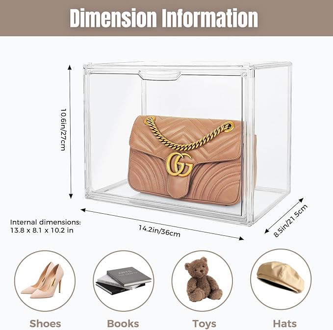 10Pack Purse Organizer for Closet Clear Acrylic Display Case Handbag Storage Organizer Box with Magnetic Door Stackable Storage Bins with Dustproof Lid for Book Toys Shoes Cosmetic Collectibles