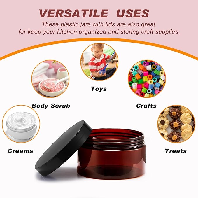 Dandat 24 Pcs 4 oz Plastic Jar Container with Lid and Label Refillable Empty Round Amber Pet Cosmetic Sample Slime Containers for Lotion, Cream, Ointments, Body Butter, Makeup, Travel Storage