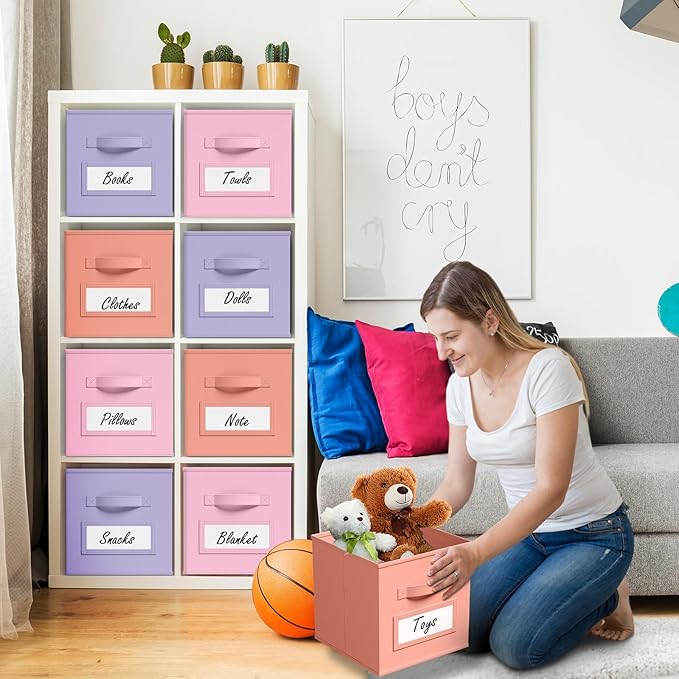 10 Pcs Fabric Storage Cubes with Labels 11 Inch Collapsible Cube Organizer Baskets with Window Cards for Shelf Nursery Clothes Book Toys Storage Bin(Gentle Pink Purple)