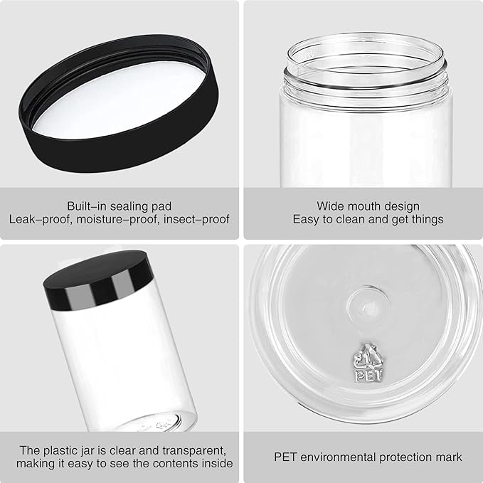 Plastic Jars with Lids 6OZ 42PCS,Small Cosmetic Slime Containers Clear Travel Round Jars Empty Refillable Sample Containers Leak Proof Pot with Black Lids for Lotion, Cream, Body Scrub