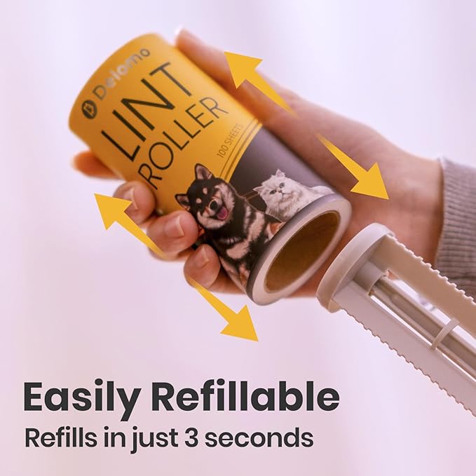 DELOMO Extra Sticky Lint Roller for Pet Hair, 600 Sheets Mega Pack (2 Rollers+ 4 Refills), Pet Hair Remover for Clothes, Couch, Furniture, Bedding, Car Seats - Easy Peel Design for Dog Cat Owners