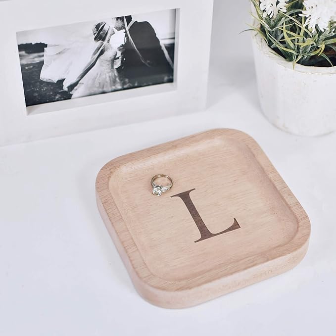 I'm Wooden Personalized Letter Catchall Valet Tray Trinket Dish Jewelry Tray Key Bowl Decorative Plate Organizing Ring Earrings Necklaces Bracelet Watch Coins Wallet Holder (6"x6" Sq Natural L)