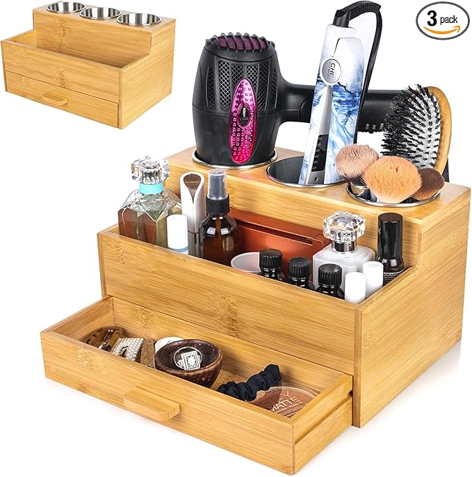 Hair Tool Storage Organizer, Bamboo Hair tool organizer for Bathroom, Kitchen and Makeup,Hair organizer storage Perfect for Storing Blow Dryer, Straightener and Brush