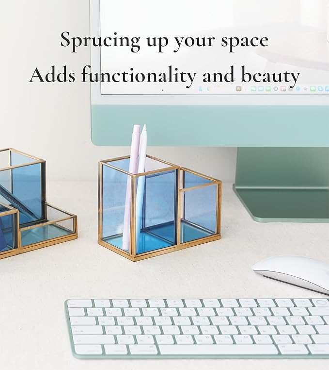 FONDAZZA Gold & Blue Glass Desk Organizer - Elegant Office Decor, Aesthetic Makeup Brush Holder, 2-Compartment Pen Holder, Pencil Cup, Vanity & Cosmetic Storage, Desk Accessories for Women