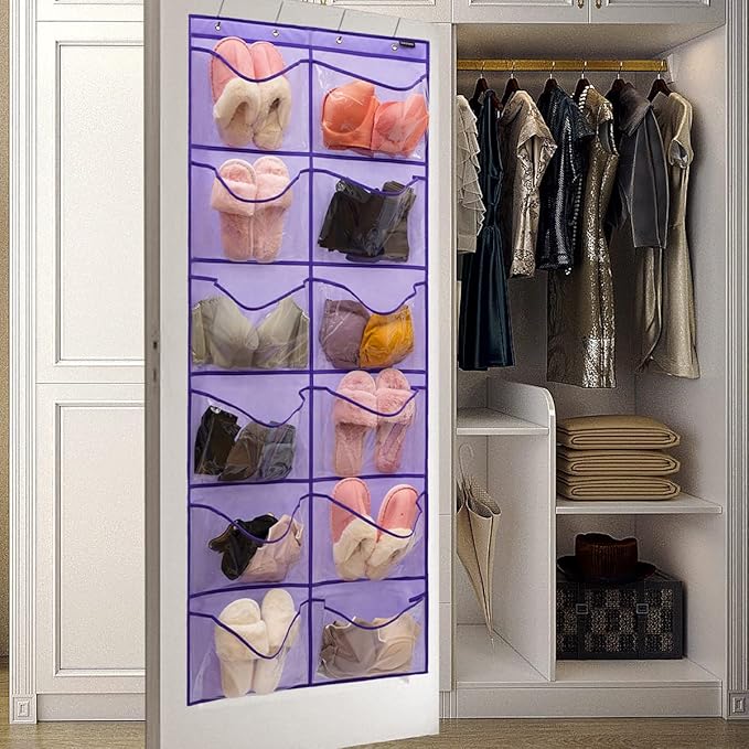 Extra Large Pocket Shoe Organizer - Hanging Shoe Rack with 12 Clear Pockets (Purple)