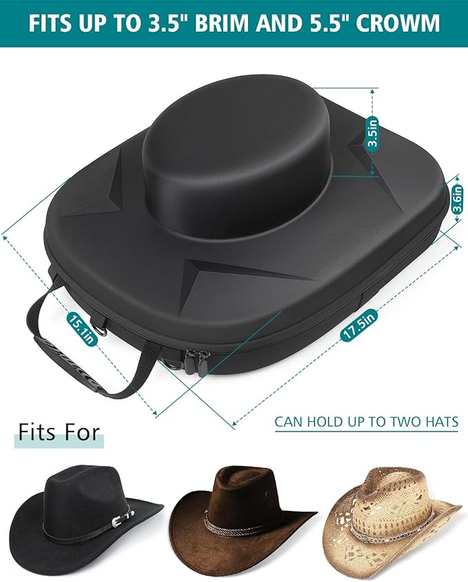 Cowboy Hat Travel Carrier - Crush Resistant EVA Storage Box for Fedora, Panama & Western Hats with Handle & Strap - Red