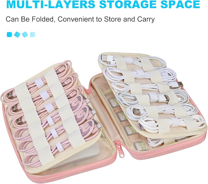 Lacdo Cord Organizer Travel, Cable Organizer Bag Case, Portable Electronics Organizer Travel Case, 6 Layer Large Capacity Charging Cords Storage organizer for Cables, SD Card, Travel Essentials, Pink