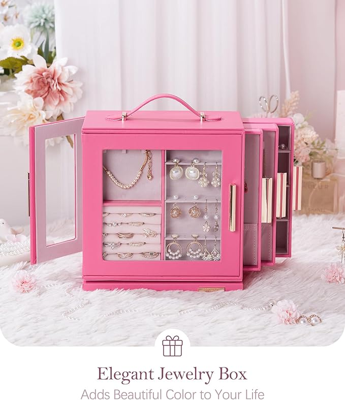 Homde Jewelry Box 360° Rotating, Necklace Earring Organizer with Transparent Window, Mirror, 7 Drawers, Large Ring Display Storage Case for Girls Women (Pink)