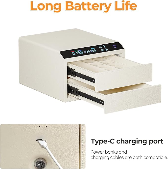 Jewelry Box with Fingerprint and Password Lock, Large Capacity Dual Drawer Storage Organizer for Necklaces, Rings, Bracelets, Watches, 15.98x13.98x9.45 Inches, 4 Smart Unlocking Methods,Beige