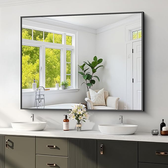 Koonmi Black Framed Bathroom Mirror - Shatterproof 36"x48" Tempered Glass, HD No Distortion, Horizontal/Vertical Mount, Modern Matte Aluminum Alloy Frame