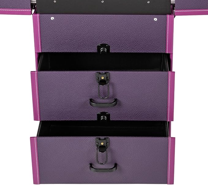 Rolling Makeup Train Case with Wheels and Mirror, Lockable Portable Cosmetic Organizer Trolley, Large Make up Cosmetic Orgainzer, Pro Makeup Artists Multifunction Cosmetics Trolley Train Case (Purple)