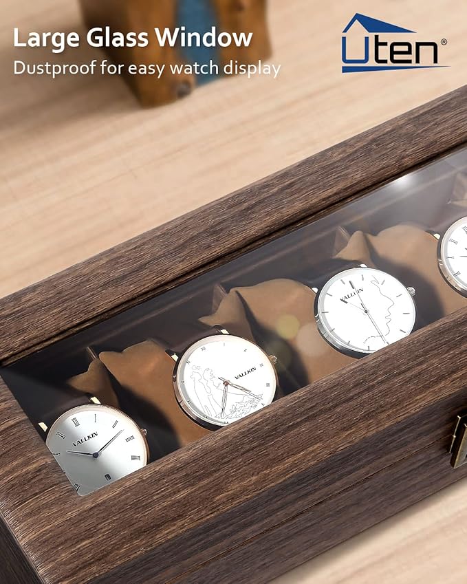 Uten Watch Box 6 Slots, Watch Case Organizer with Real Glass Lid, Wood Grain PU Leather Watch Display Storage Box with Removable Imitation Suede Watch Pillows, Metal Clasp