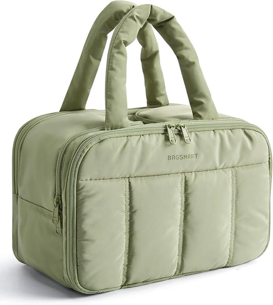 BAGSMART Travel Toiletry Bag, Puffy Large Toiletry Bag for Women, Lightweight Cosmetic Makeup Bag Organizer with Handle for Traveling, Accessories, Essentials, Toiletries (Green)