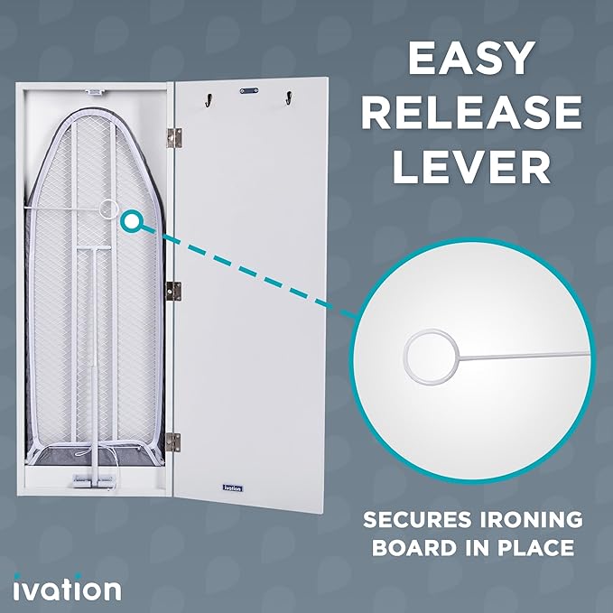 Ivation Wall-Mounted Swivel Ironing Board Cabinet, Foldable Ironing Storage Station for Home, Apartment, Easy-Release Lever, Garment Hooks, White
