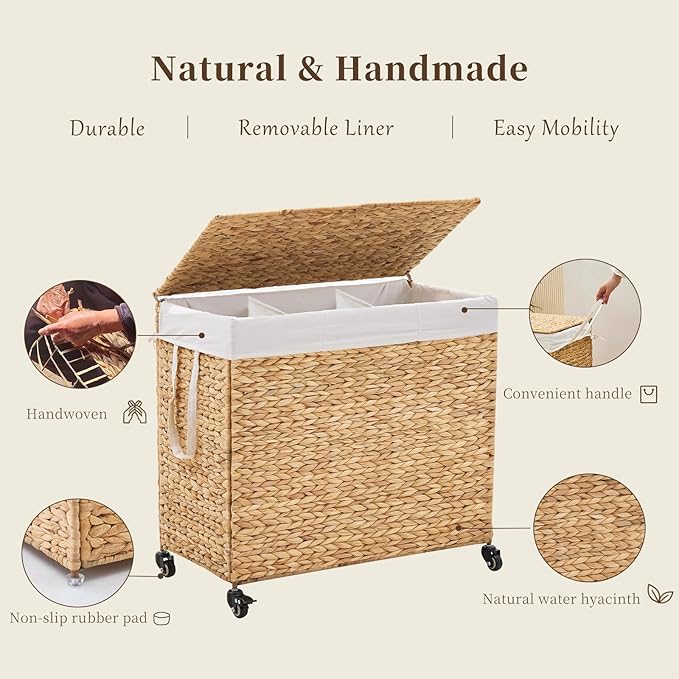 3-Section Laundry Hamper with Lid, Large Capacity Woven Natural Water Hyacinth Laundry Sorter with Removable Liners, Rolling or Non-Slip Design for Bedroom (Natural, 3-Section)