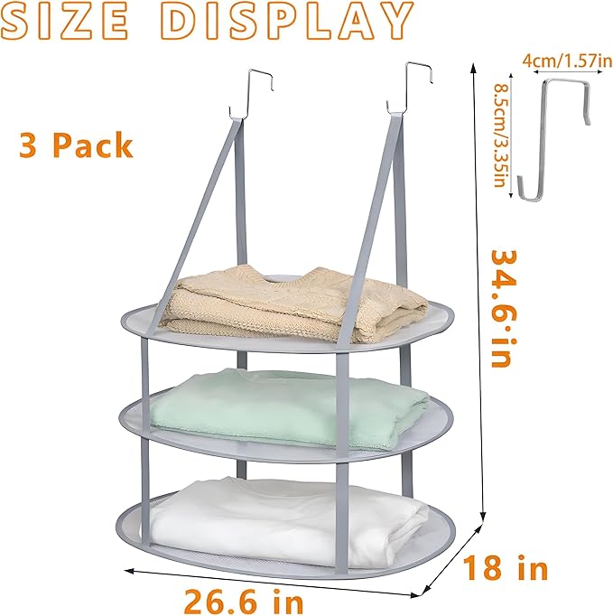 SAMJANE Sweater Drying Rack Hanging – Lay-Flat Warp-Knit Airflow Mesh for Delicates, 3-Tier Foldable Space-Saving Door-Hanging Design for Fast Drying & No Deformation in Small Spaces (Grey- 3 Pack)