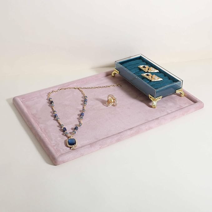 Rectangle Jewelry storage organizer plate, Velvet Jewerly display tray, Empty showcase tray for Necklace Bracelet Ring Earring【Pink-Large, 17.7 x 11.8 in 】