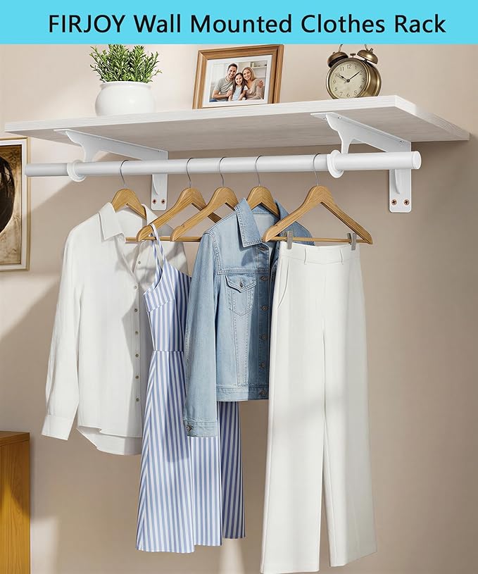 FIRJOY Wall Mounted Clothes Rack, with Top Shelf and Hanging Rod, Heavy Duty (White, 1 PACK 11.8" x 31.4")