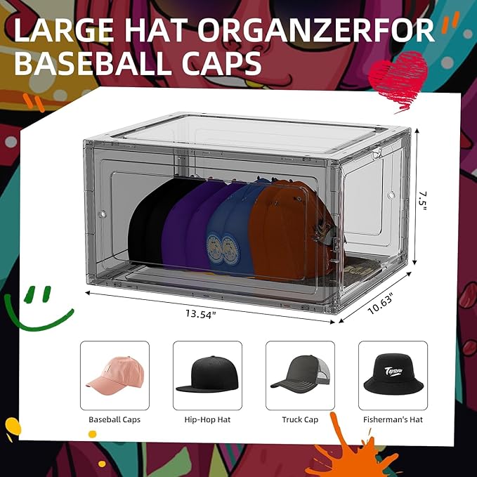 Hat Organizer Box for Baseball Caps, 4 Pack Clear Plastic Hat Storage Box Display Case with Magnetic Door, Hat Rack Holder for Closet, Snapback Organizer, Hold 8 Cap Each