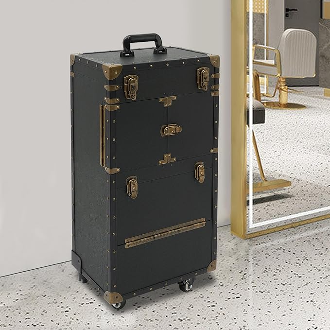 Rolling Hairdressing Case - Professional Makeup Train Case with Dual Password Locks, Cosmetic Organizer for Salon/Barber/Nail Artists (Black)