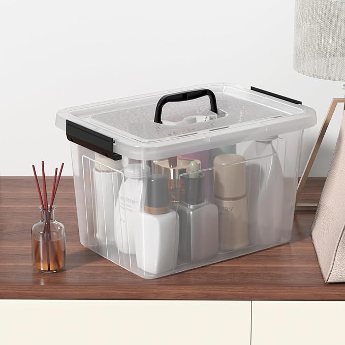 Clear Storage Latch Bin 12 Quart, Plastic Organizing Box with Lid and Black Handles, 6-Pack