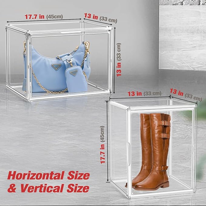 1 Pack Extra XXX-Large Acrylic Purse Display Case 17.7''x13''x13'' Clear Purse Handbag Organizer Stackable Storage Bins with Dustproof Magnetic Door Acrylic Box for Shoes, Helmet, Boots, Figures