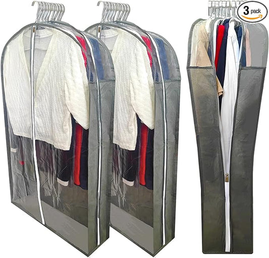 Garment Bags for Hanging Clothes with 6.3" Gusset, 40" Suit Bags for Closet Storage, Clear Suits Covers and Side Zipper Protector for Jacket, Coat, Sweater, Shirts, Clothing, Grey/3 Packs