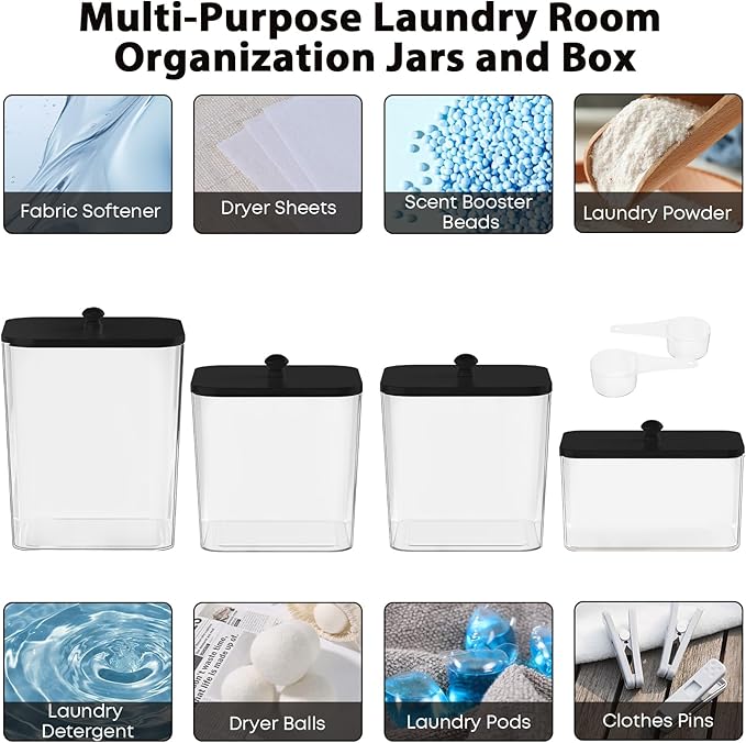 4 Pack Clear Laundry Pods Container & Dryer Sheet Holder, Plastic Square Laundry Room Organization and Storage Jars with Lids, Scoops & Labels for Detergent, Powder, Dryer Balls (Black Lid)