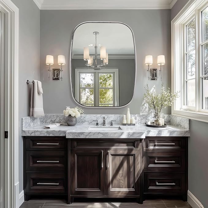 ANDY STAR Polished Chrome Oval Mirrors for Bathroom, 28x36 Inch Oblong Vanity Mirror, Non-Rusting SUS304 Metal Tube Frame, Wall-Mounted Vertically or Horizontally