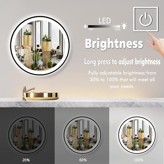 20 Inch Black Bathroom Round LED Mirror with Light, Black Frame, 3 Color AntiFog, 20" Round Lighted Mirror