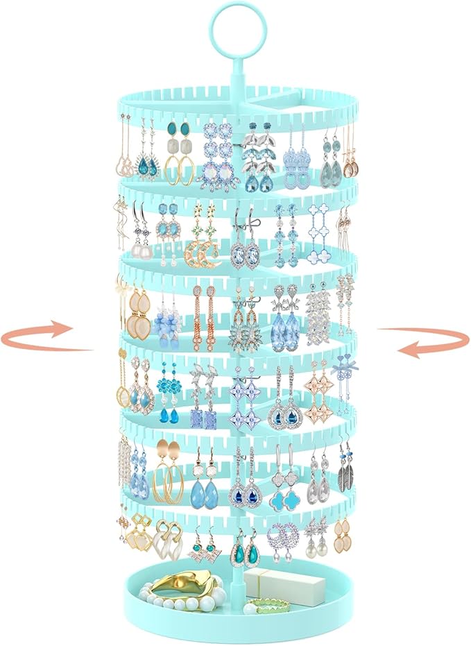 iDavosic.ly 6 Tier Rotating Earring Holder Organizer with Metal Tray, Adjustable Plastic Dangle Display Stands Tree with 342 Grooves, Large Hoop Storage Rack Tower, Blue