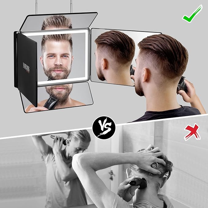 Rechargeable 5 Way Mirror for Hair Cutting, Real Glass Adjustable Trifold Mirror with Light & Telescoping Hooks for Makeup & Styling - Portable DIY Tool to Cut, Trim or Shave Your Head & Neckline