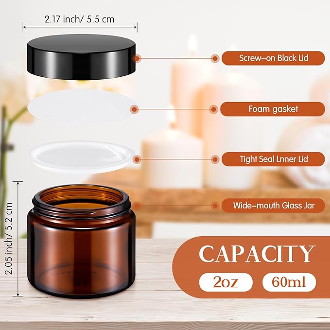Domensi 12 Pcs 2 oz Glass Jars with Lids Travel Size Round Leakproof Empty Cosmetic Jars with Inner Liners Lid for Storing Makeup Lotions Face Cream Ointments Candle DIY Making (Amber)