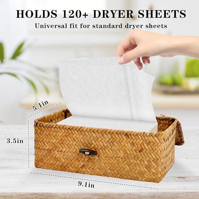 Dryer Sheet Holder, Woven Seagrass Dryer Sheet Container with Lid, Farmhouse Dryer Sheet Box Decor, Dryer Balls Dispenser for Laundry Room Organization and Storage-Natural Color