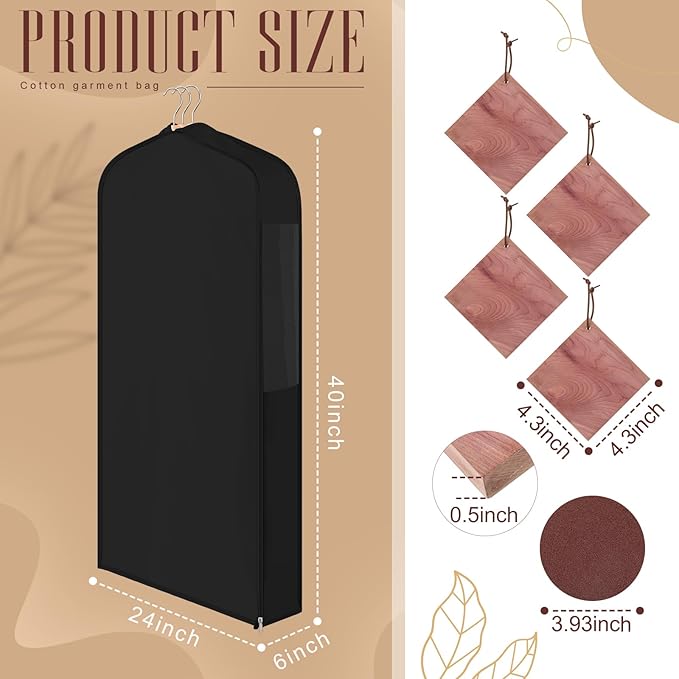 Cotton Garment Bag for Hanging Clothes and Storage with Cedar Blocks for Fresh Smell and Moth Protection Sandpaper for Suit Fur Coat Jacket Sweater(40 x 24 x 6 Inch,Black,1 Set)