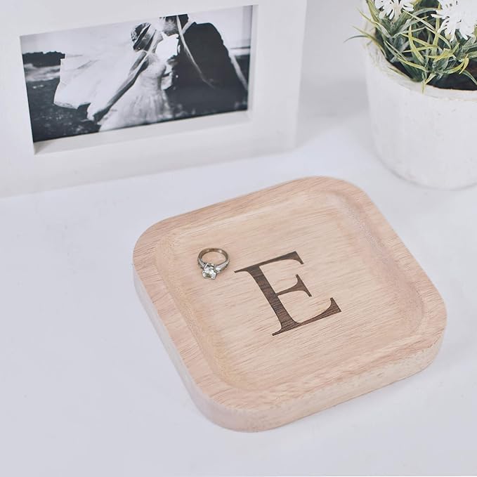 I'm Wooden Personalized Letter Catchall Valet Tray Trinket Dish Jewelry Tray Key Bowl Decorative Plate Organizing Ring Earrings Necklaces Bracelet Watch Coins Wallet Holder (6"x6" Sq Natural E)